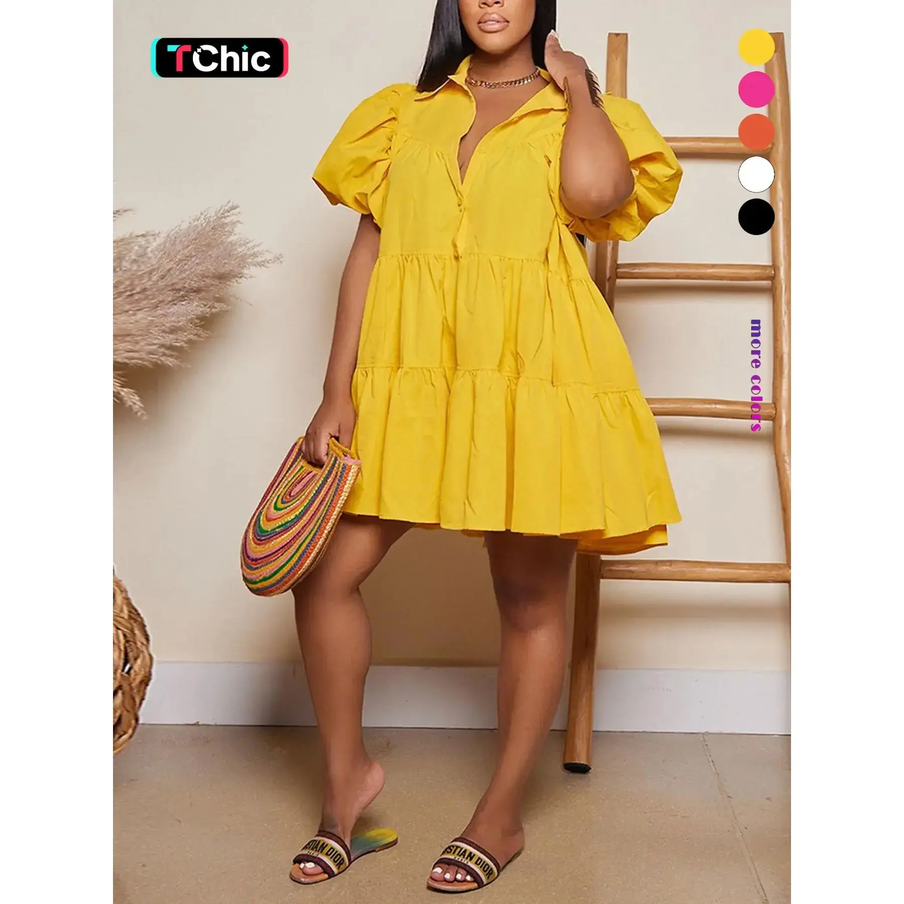 Women's Plain Ruffle Hem Button Front Smock Dress, Casual Puff Sleeve Collar Short Dress for Daily Wear, Ladies Clothes Womenswear for All Seasons Collared