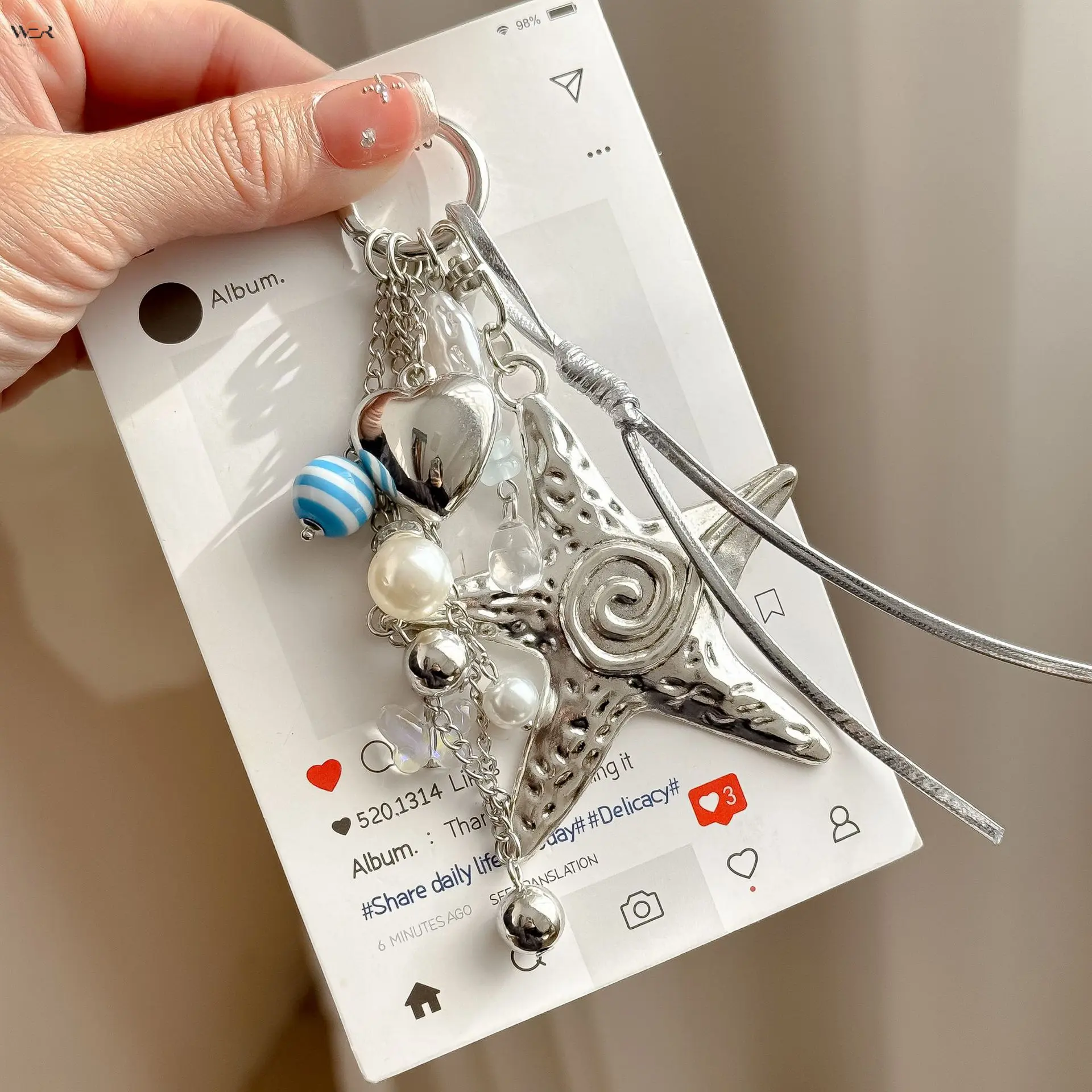 Polished Alloy Ocean Wave Starfish Charm Keychain - 14cm, Blue Striped Bead, Pearl, Shell Pendants, Spring Clamp, Beach Party Decor for Bags, Birthday Holiday Gift for Teen Girls