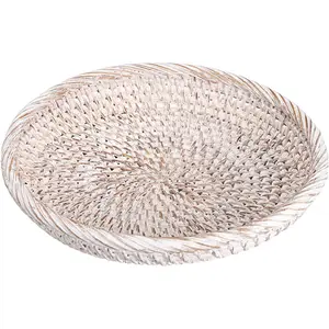 Small Key Basket Bowl for Entryway 7.6" Round Woven Wicker Basket Fruit Serving Tray Woven Basket Wall Decor Rattan Organizer Basket for Keys Wallet Whitewash
