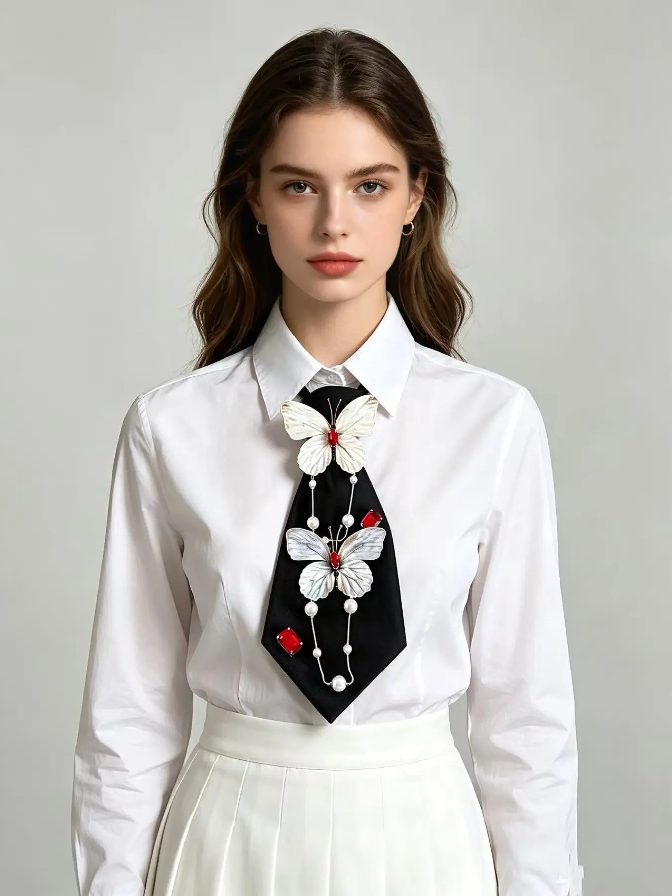 25cm Pre-Tied Black Necktie for Women, Red Rhinestone Butterfly & Pearl Chain Decor Statement Tie, Gothic Romantic Neck Accessory for Blouses, Dresses & Daily Wear