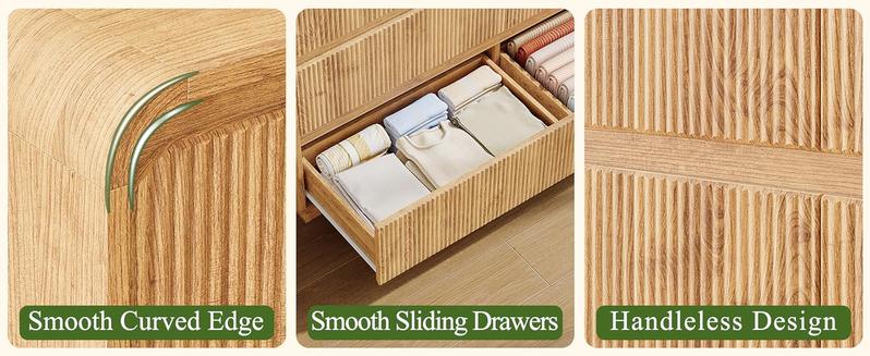 Fluted 6 Drawer Dresser for Bedroom, 48" Wide Handleless Chest of Drawers with Curved Profile Design, Modern Wooden Dresser TV Stand with Organizer Storage for Living Room, Entryway, Natural Oak