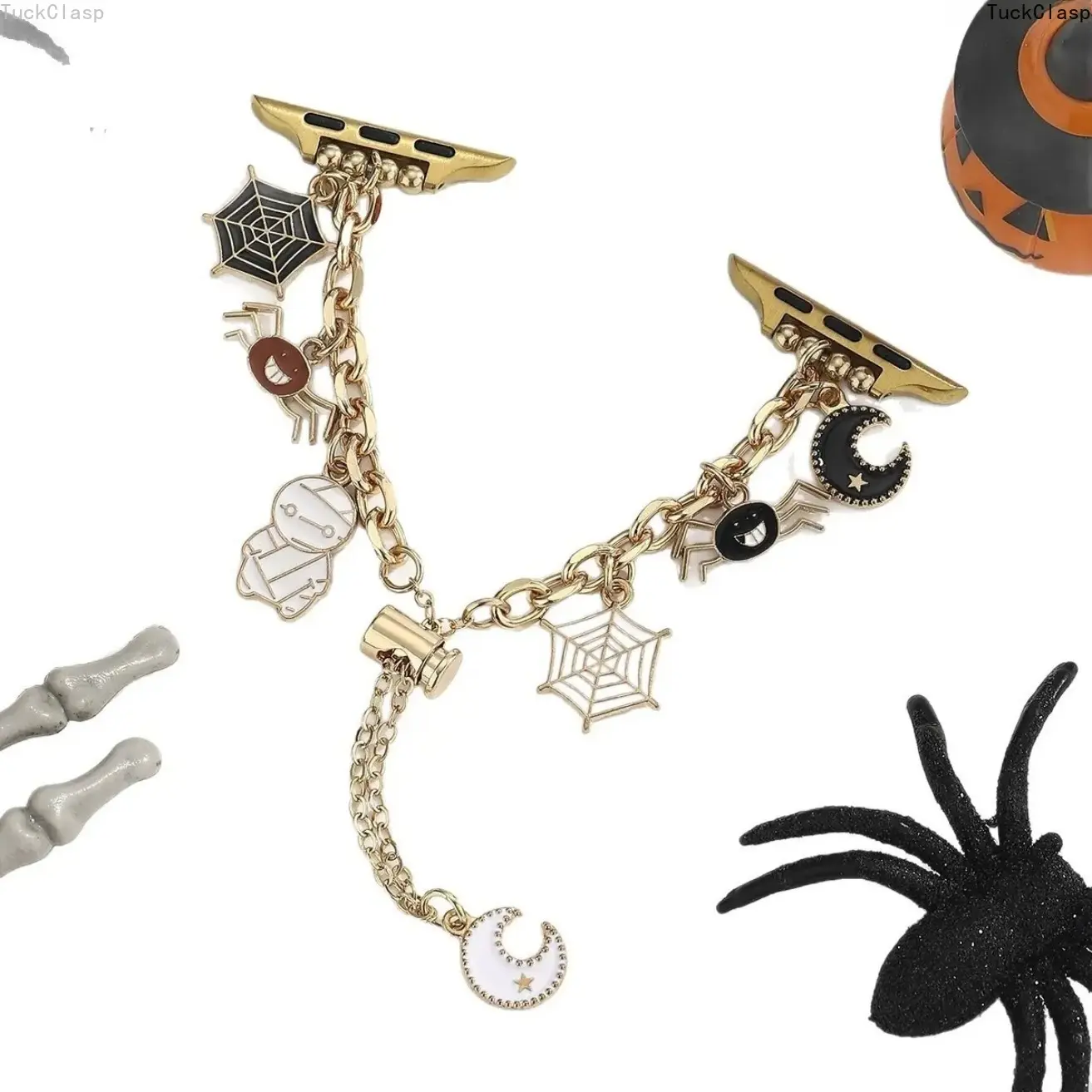 Cute Gothic Halloween Dangle Chain Watch Strap Compatible with Apple Watch All Sizes, Ultra 2, SE, Series 1-11, Spider Web Mummy Moon Enamel Charm Decor Bracelet, Girly Smart Watch Accessory (Band Only, Not Suitable for Sports, Watch Not Included)
