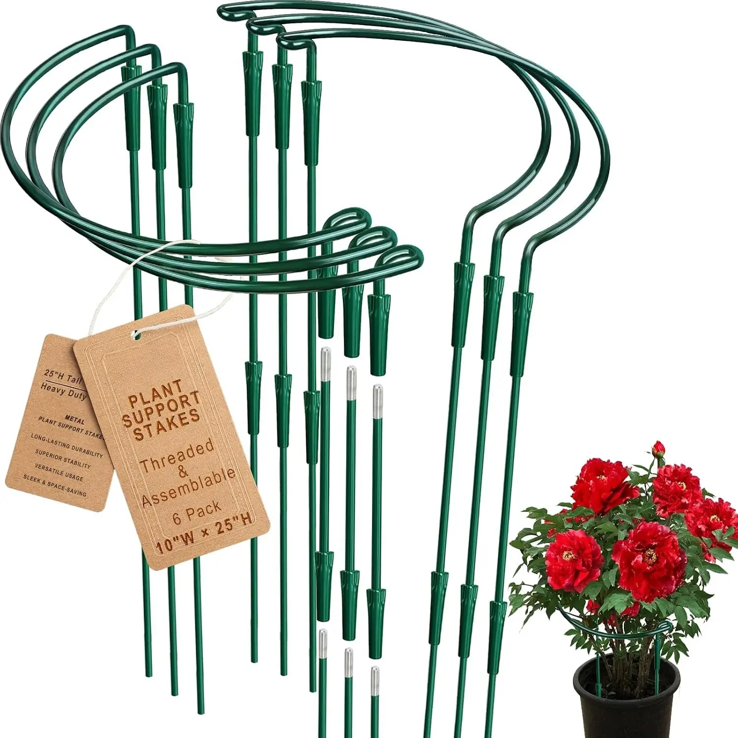 6 Pack Threaded Lock Metal  Support Stakes - 25" H Tall Peony Cage,  Detachable Garden Ring for Hydrangea/Rose Bush/Potted , Indoor Outdoor Heavy Duty (10" W)