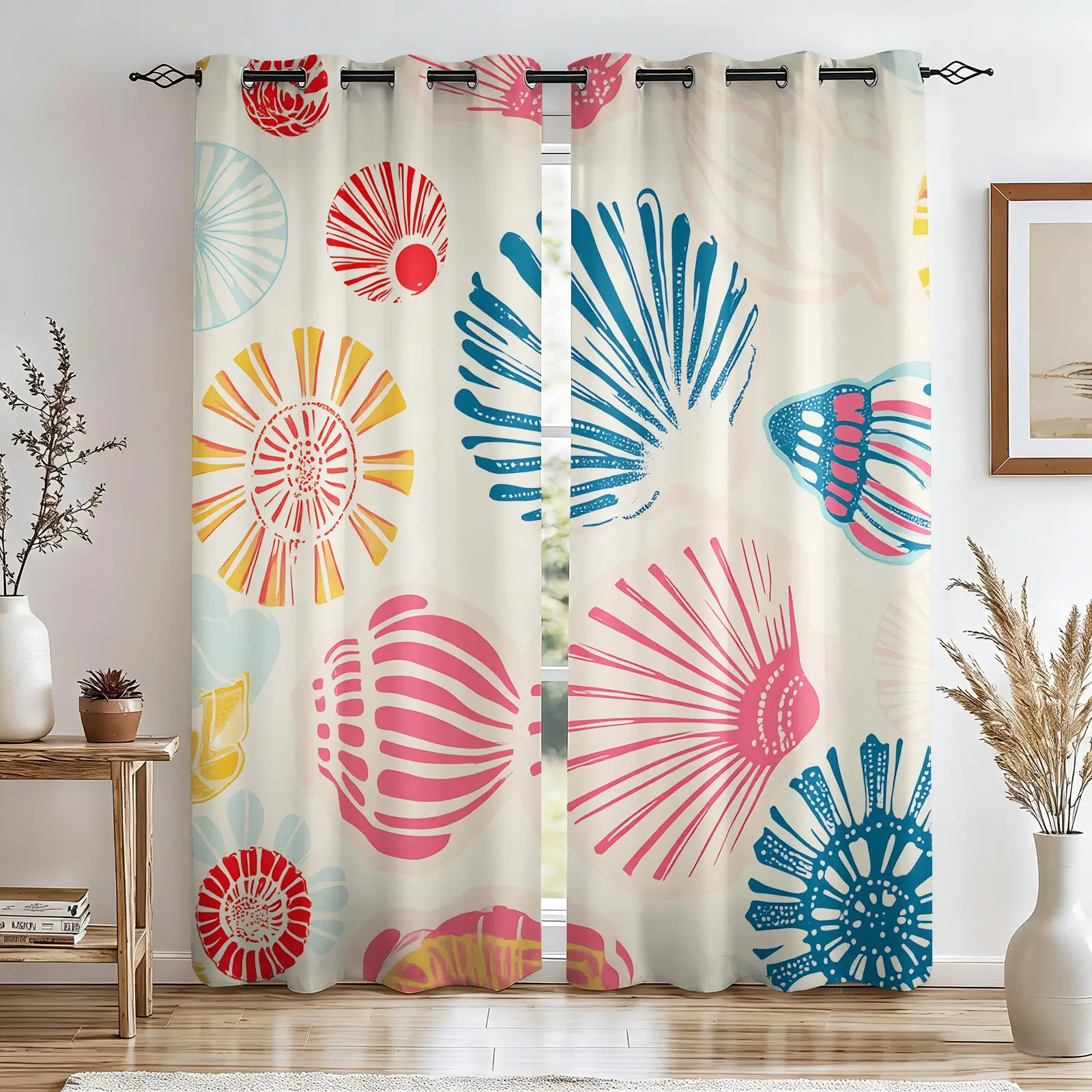 2 Panels Coastal Nautical Curtains, Colorful Seashell Printed Curtains, Darkening Decoration Curtains, Ocean Themed Window Drapes for Bedroom Living Room Beach House Home Summer Decor