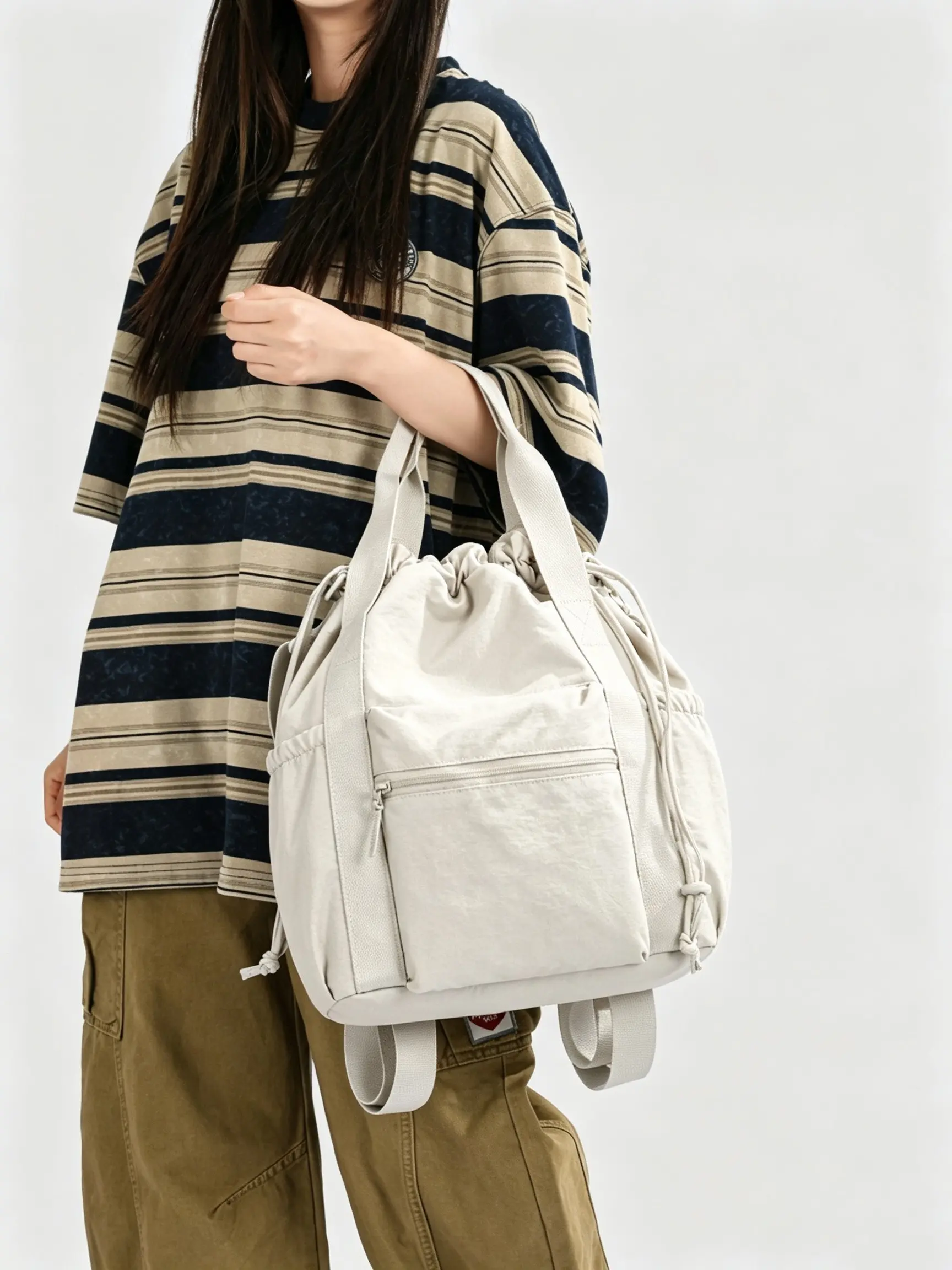 1pc Light Grey Drawstring Multiway Tote Bag Korean Casual Front Zip Pocket 3 Ways Handheld Backpack Crossbody Bag For Women School Commute Travel Storage Bag