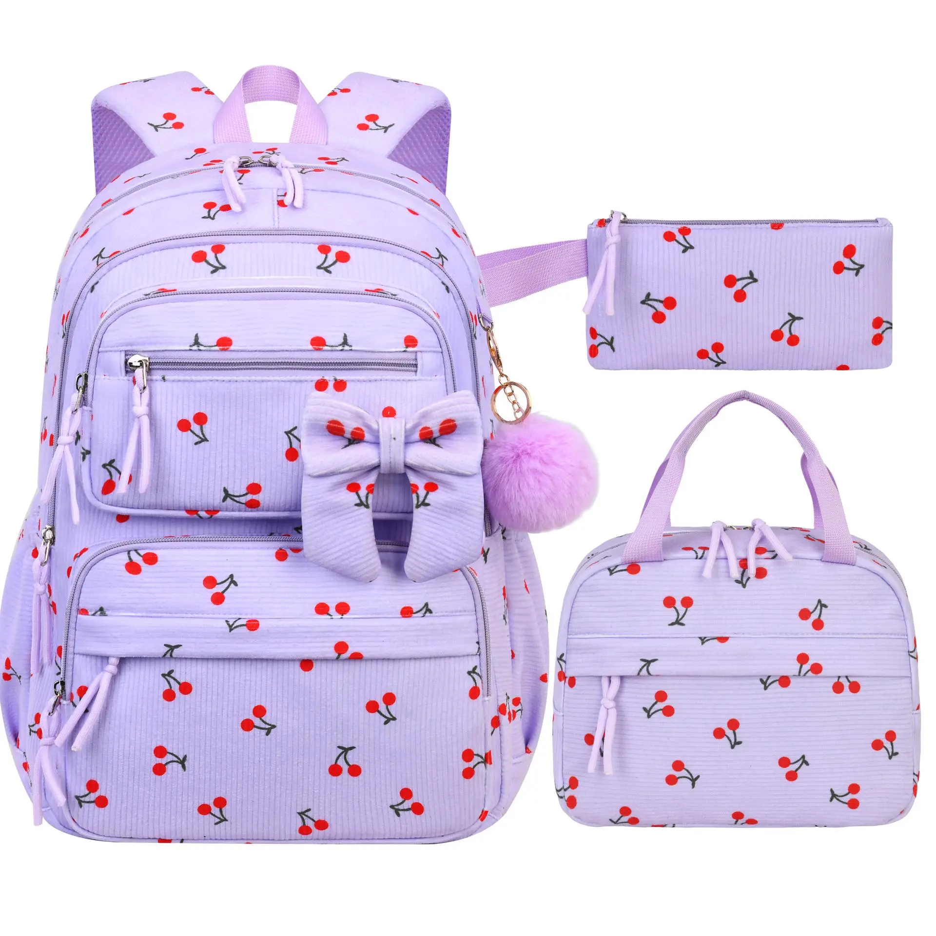 Cute Preppy Teen Girls' 3-Pcs Corduroy Cherry Print Backpack Set, Light Purple Bow & Fluffy Pom Pom Decor, Large Capacity Lightweight Water-Resistant Multi-Pocket Zipper Daypack with Insulated Lunch Bag & Matching Pencil Pouch