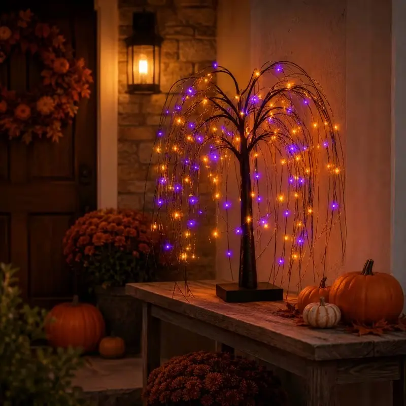 1/ 2set of Willow Outdoor Table Lamp, Orange/Purple LED Decorative Lights, powered by USB and battery box. Suitable for use in yards, porches, balconies, gardens, lawns, courtyards, parties, holidays, and seasonal outdoor decorations.