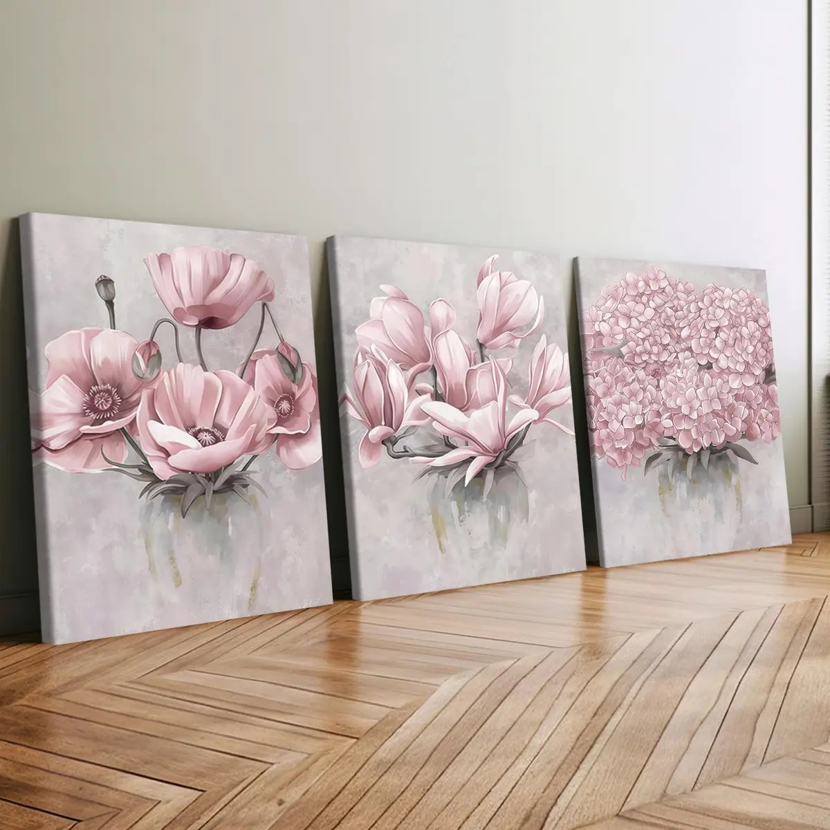 3-Piece Wood Frame Canvas, Vintage Poppy Magnolia Watercolor Floral Triptych Posters, Modern Art Wall Decor, Waterproof, Home Office Bedroom