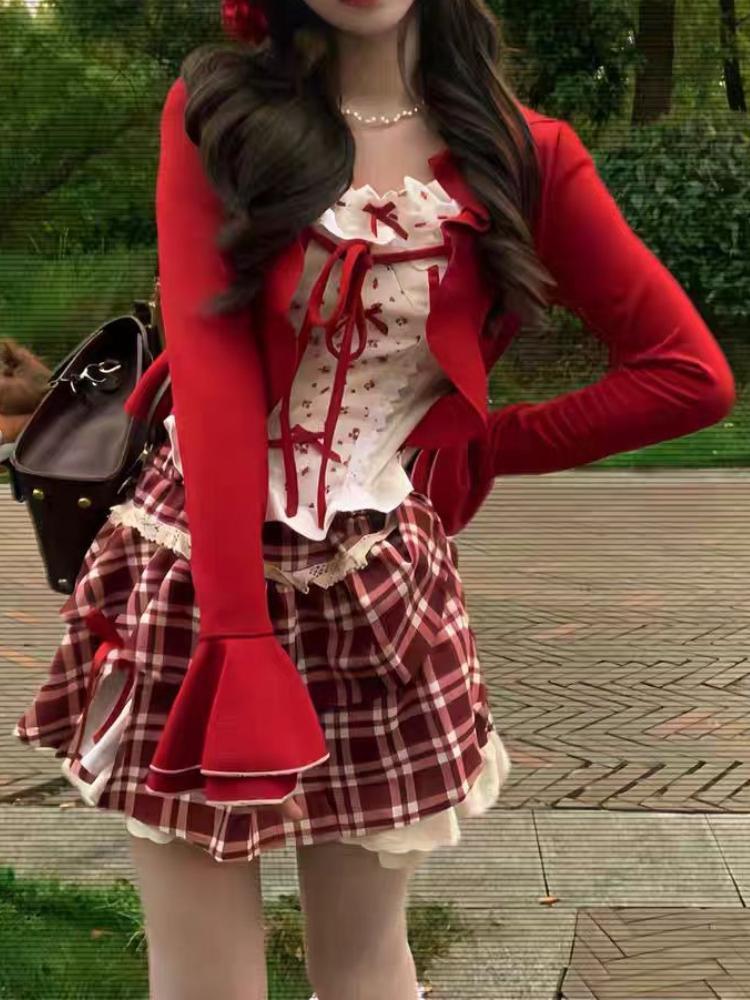 Autumn Sweet Lace Suit Women's Fashion Design Slim Bow Sling Long Sleeve Cardigan Hepburn New Red Plaid Short Skirt 3-piece Set