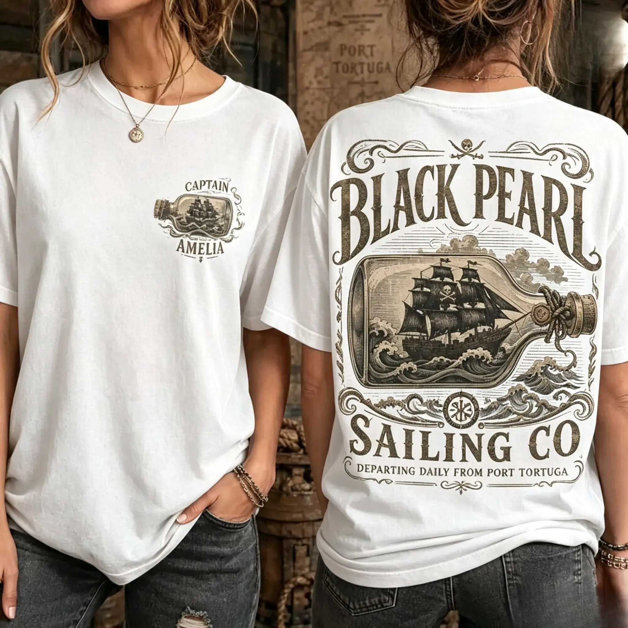 Retro Pirate Sailing T-Shirt for Women, Black Pearl Sailing Co Back Print Nautical Ocean Short Sleeve Graphic Tee