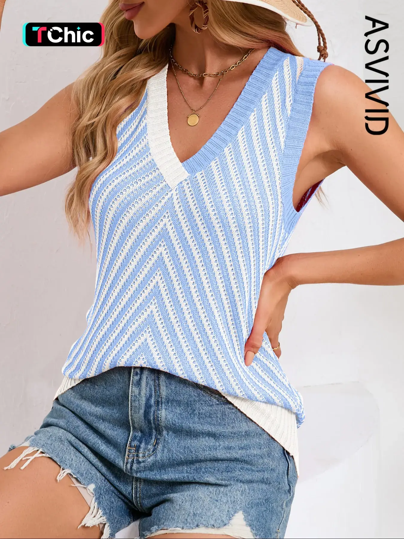 Women's Casual Stripes Contrast Chevron Knit V Neck Sweater Vest, All Seasons Wear, Comfortable & Stylish