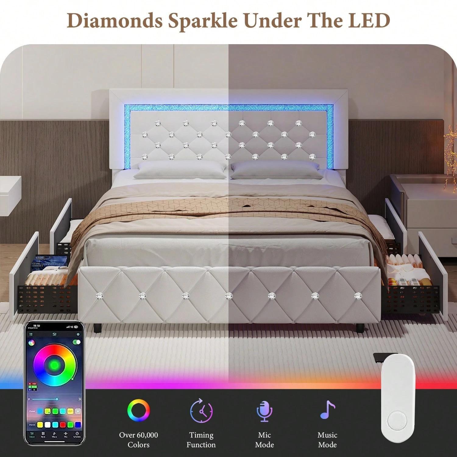 Twin/ Full/ Queen/ King Size Bed Frame With Storage Drawers, Upholstered LED Bed Frame With Headboard, Modern Platform Bed Frame With Headboard And Footboard, Diamond Tufted Design, No Box Spring Needed (Twin Size 2 Drawers/ Other Size 4 Drawers)