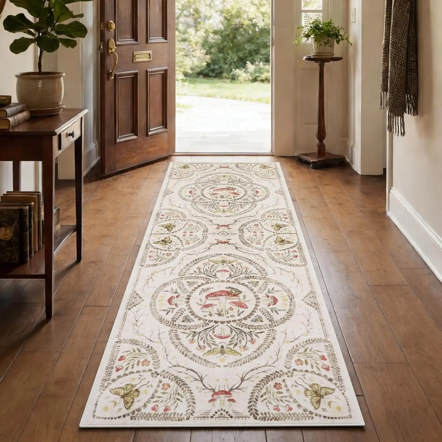 Modern Mushroom Floral Print Rug, Foldable Non-Slip Velvet Carpet, Large Area Easy Care Mat for Living Room Bedroom Kitchen