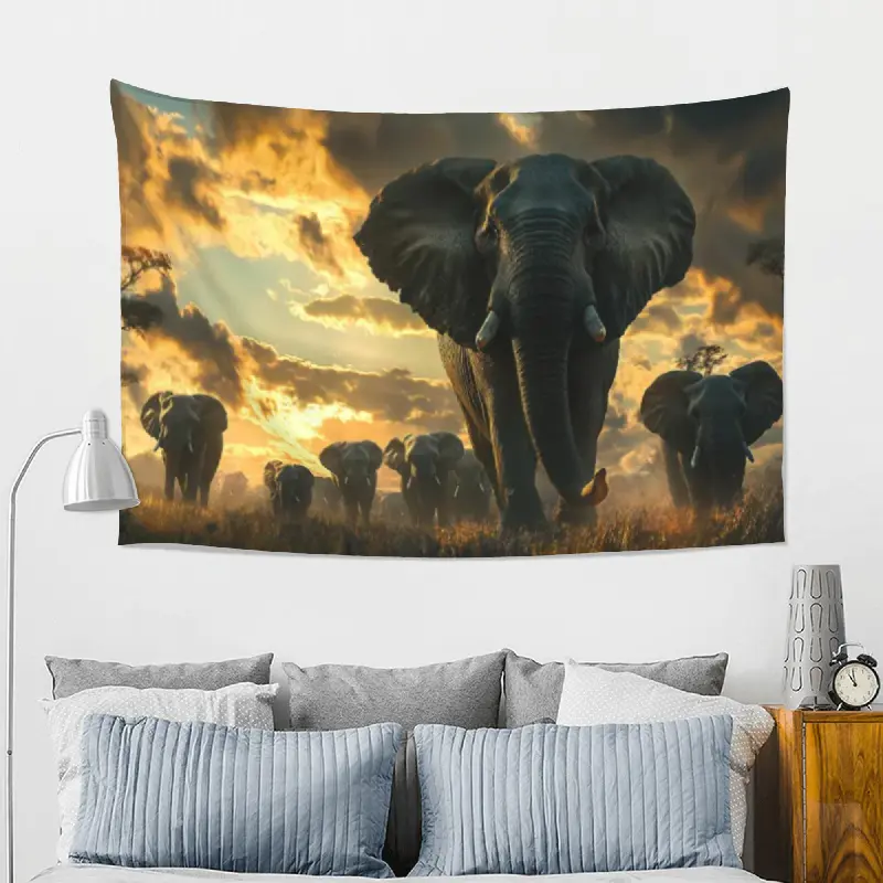 African Elephant Family Sunset Tapestry, Adult Elephants and Calf Walking Through Golden Grassland Wall Hanging for Living Room Bedroom Office Studio, Warm Wildlife Landscape Home Decor Wall Art, Peach Skin Fabric, Multiple Sizes Available