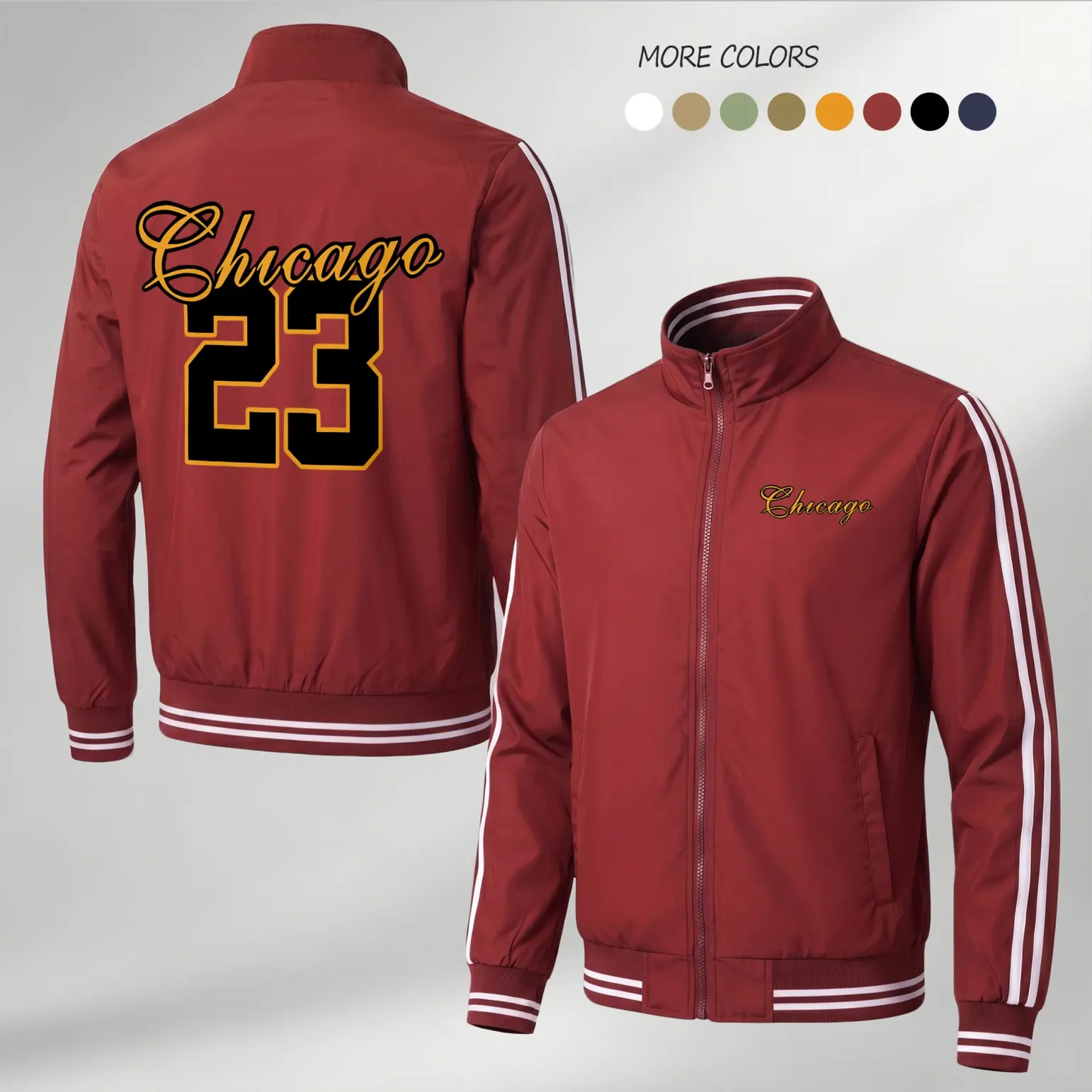Men’s Lightweight Chicago 23 Track Jacket, Zip Up Stand Collar Sports Outerwear, Front Chest and Back Number Graphic Print Coat, Casual Long Sleeve Streetwear Jacket for Spring Fall Daily Wear