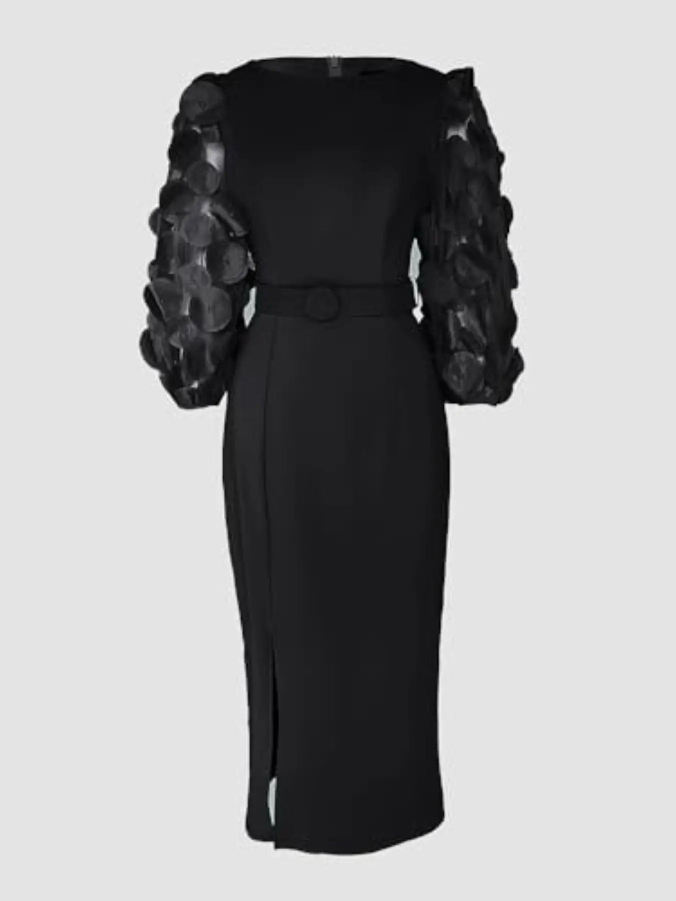 Women's Elegant Chic Bodycon Midi Dress, 3D Polka Dot Mesh Sleeves, Belted Waist, Perfect for Special Occasions, Stylish and Comfortable