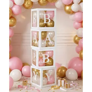 4 count Balloon Boxes with Letters, Transparent Clear Balloon Boxes  Blocks Backdrop Decorations for  Party Favors Decor (White)