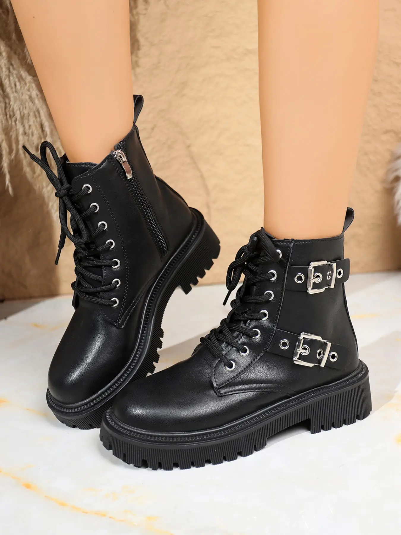 Double Metal Buckle Decorative Thick Sole Platform Boots, Laces Side Zipper Slimming Height Boost Punk Motorcycle Women's Boots Chunky Ankle Boots