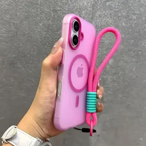 Compatible Candy Color Matte Silicone Case with Hand Wrist Lanyard Shockproof Anti Drop Protective Cover for iPhone 16 15 17 Pro Max 14 Plus 13 12 11 16e TikTok Viral Coquette Aesthetic Phone Case for Daily Use Travel Outdoor Content Creators