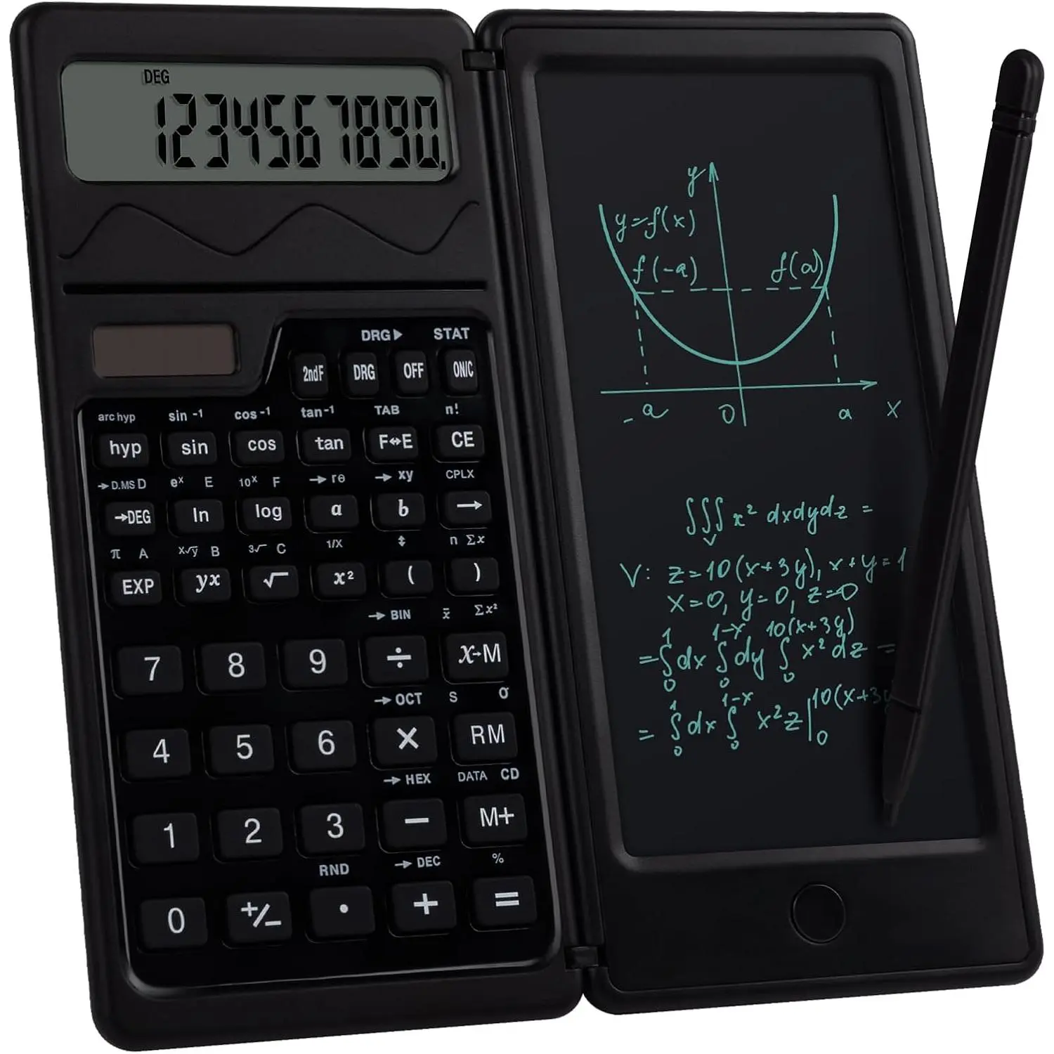 Black Scientific Calculators for Students, Foldable Cute Science Calculator with Notepad, 10-Digit Large Screen, Portable Calculator with Erasable Writing Tablet for Middle School High School Students