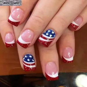 c860 24Pcs Americana Chic Press-On Nails, Red-White-Blue Stars & Hearts Fake Nails, Long-Lasting July 4th Independence Day Summer Salon Manicure Fashion Accessory Set