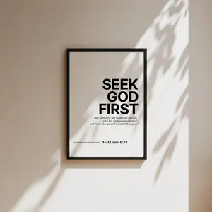 Inspirational Matthew 6:33 Seek God First Bible Verse Artistic Print, Waterproof Christian Paintings, House Decor for Kitchen & Room Decoration