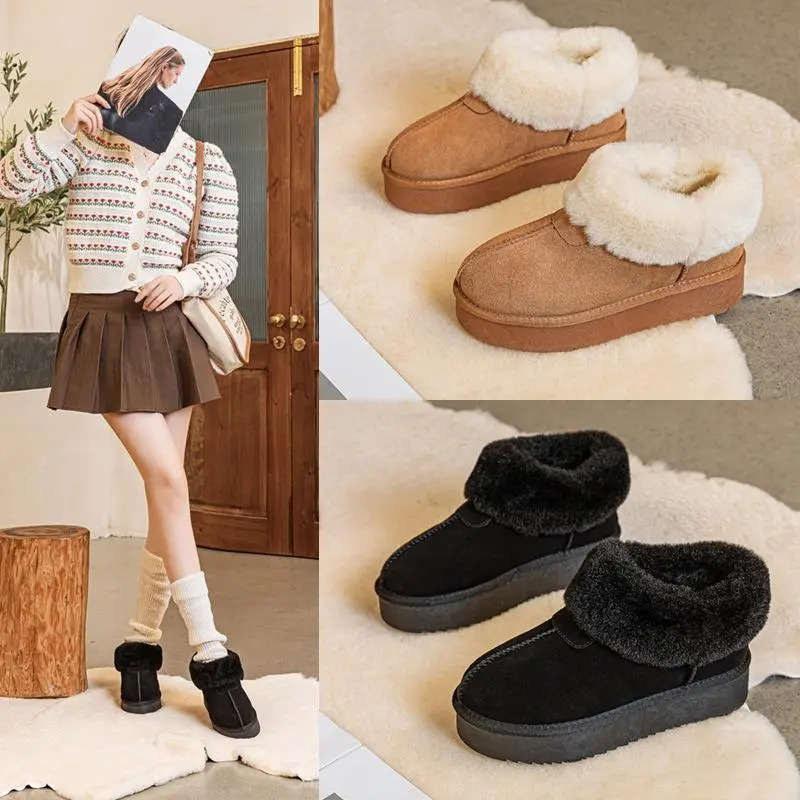 Women's Mid-Calf Platform Winter Snow Boots - Waterproof PU-Rubber Slip-On Footwear with Fluffy Faux Fur Lining, Anti-Slip Synthetic Warm Mules