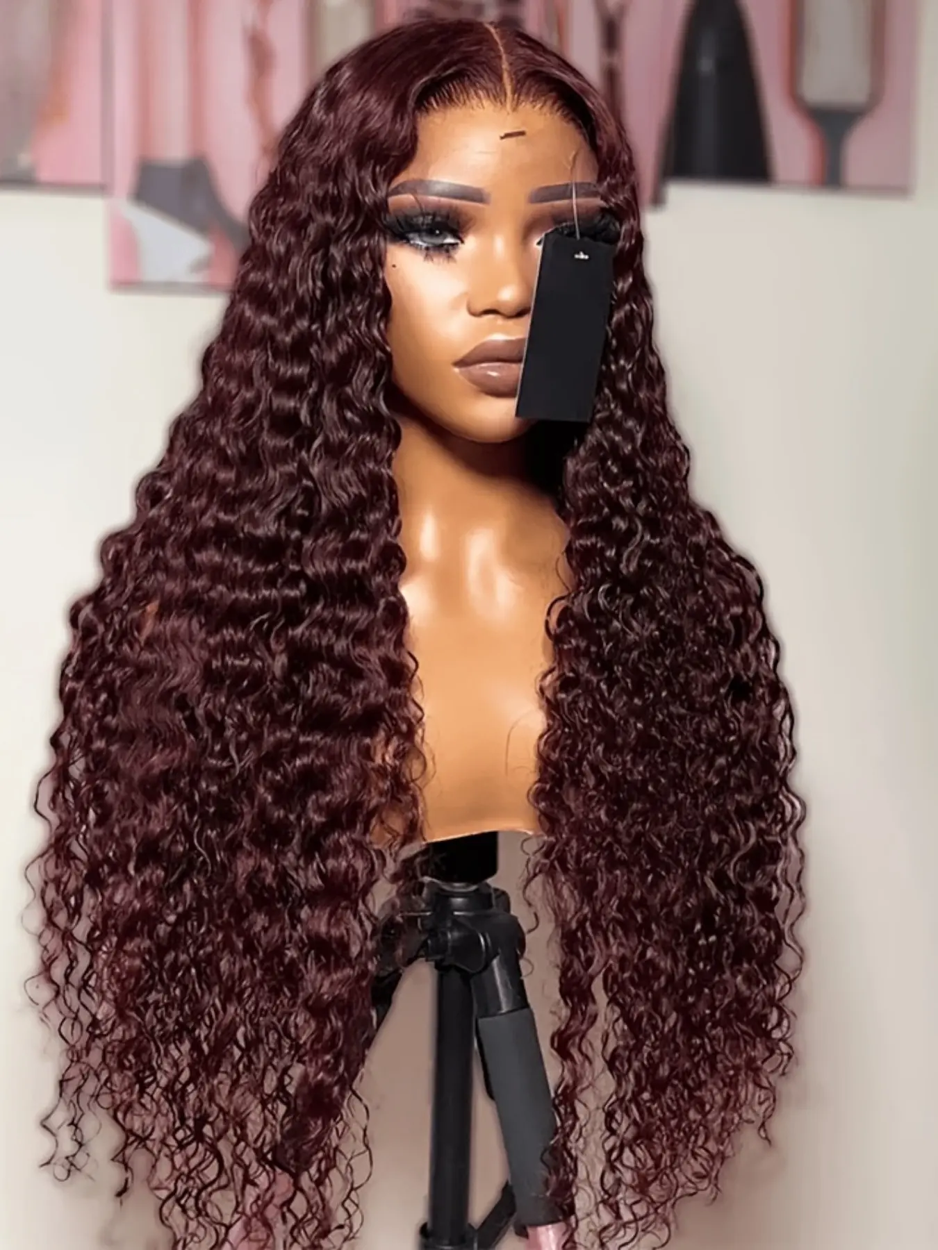 Burgundy Soft Long 26 Inch 180 Density Natural Kinky Curly 99j Wine Red Front Lace Wig, Glueless Heat Resistant Synthetic Hair, Daily Wear Pre-plucked