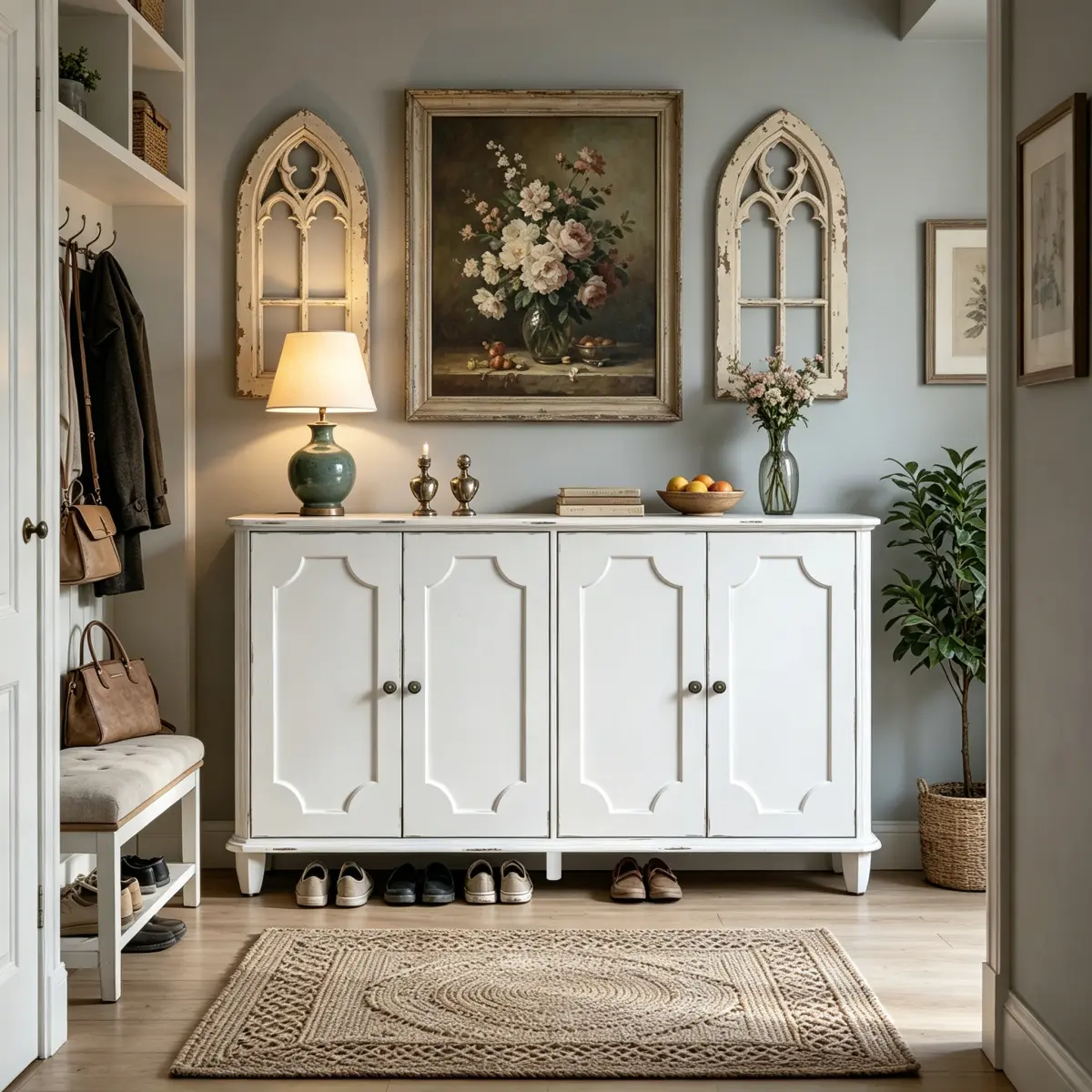 [Bellemave] 63'' Vintage Farmhouse Sideboard Buffet Cabinet, 4 Decorative Curved Doors Closed Storage Credenza Cupboard, Large Accent Console Cabinet for Entryway, Living Room, Kitchen, Bedroom