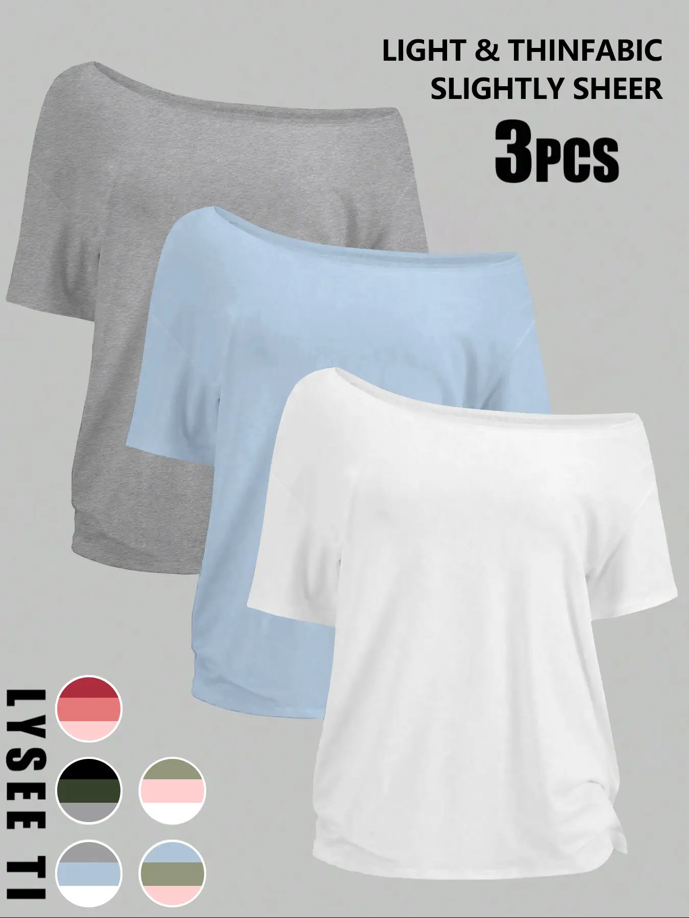 Women's Plus Size Asymmetrical Shoulder Top Set, Casual Fitted Short-Sleeve Blouse, Basic Thin Lightweight Daily Wear, Casual Stylish Tee, Casual T Shirts, Apparel T Shirt, 3-Piece Pack, All Seasons, Everyday Womenswear