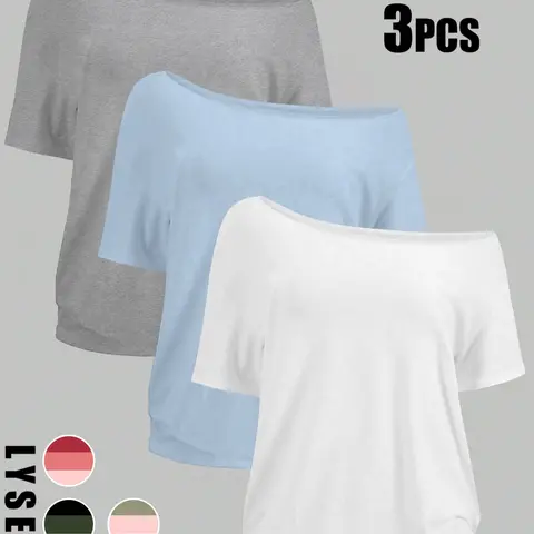 Women's Plus Size Asymmetrical Shoulder Top Set, Casual Fitted Short-Sleeve Blouse, Basic Thin Lightweight Daily Wear, Casual Stylish Tee, Casual T Shirts, Apparel T Shirt, 3-Piece Pack, All Seasons, Everyday Womenswear
