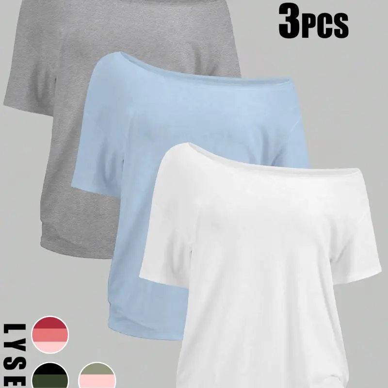 Women's Plus Size Asymmetrical Shoulder Top Set, Casual Fitted Short-Sleeve Blouse, Basic Thin Lightweight Daily Wear, Casual Stylish Tee, Casual T Shirts, Apparel T Shirt, 3-Piece Pack, All Seasons, Everyday Womenswear