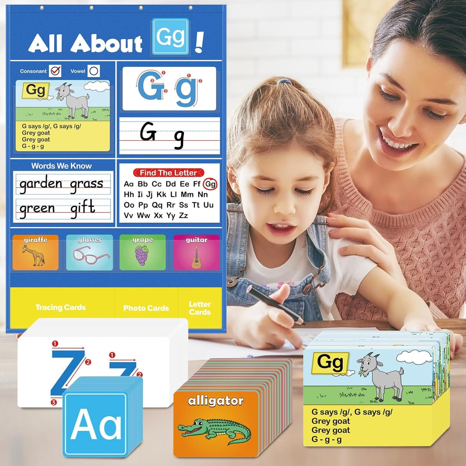 Alphabet Learning Pocket Chart, Letter Recognition Tool, Classroom Wall Chart Supports Early Literacy/Interactive Homeschool Aid for Kindergarten