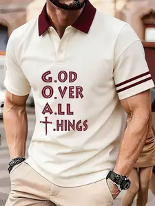 5 Colors Unisex Polo Shirt, God over All Things Cross Print, Casual Striped Short Sleeve, Christian Faith Motivational Tee, Golf Church Men's Top