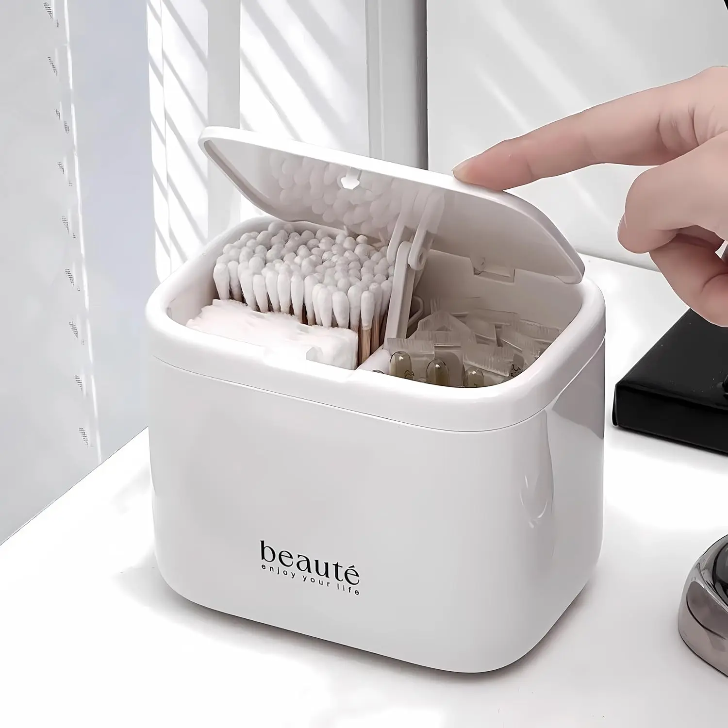 Pop-Up 4-Grid Q-Tip Holder &  Pad Dispenser Organizer |  automatic lifting storage, wall mounted or countertop for bathroom , holds  swabs, hair ties and floss