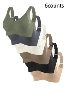 Women's Seamless Wireless Bra Set, Adjustable Wide Straps, Comfortable Breathable, 6 Pack, Rib Knit Design, All Seasons