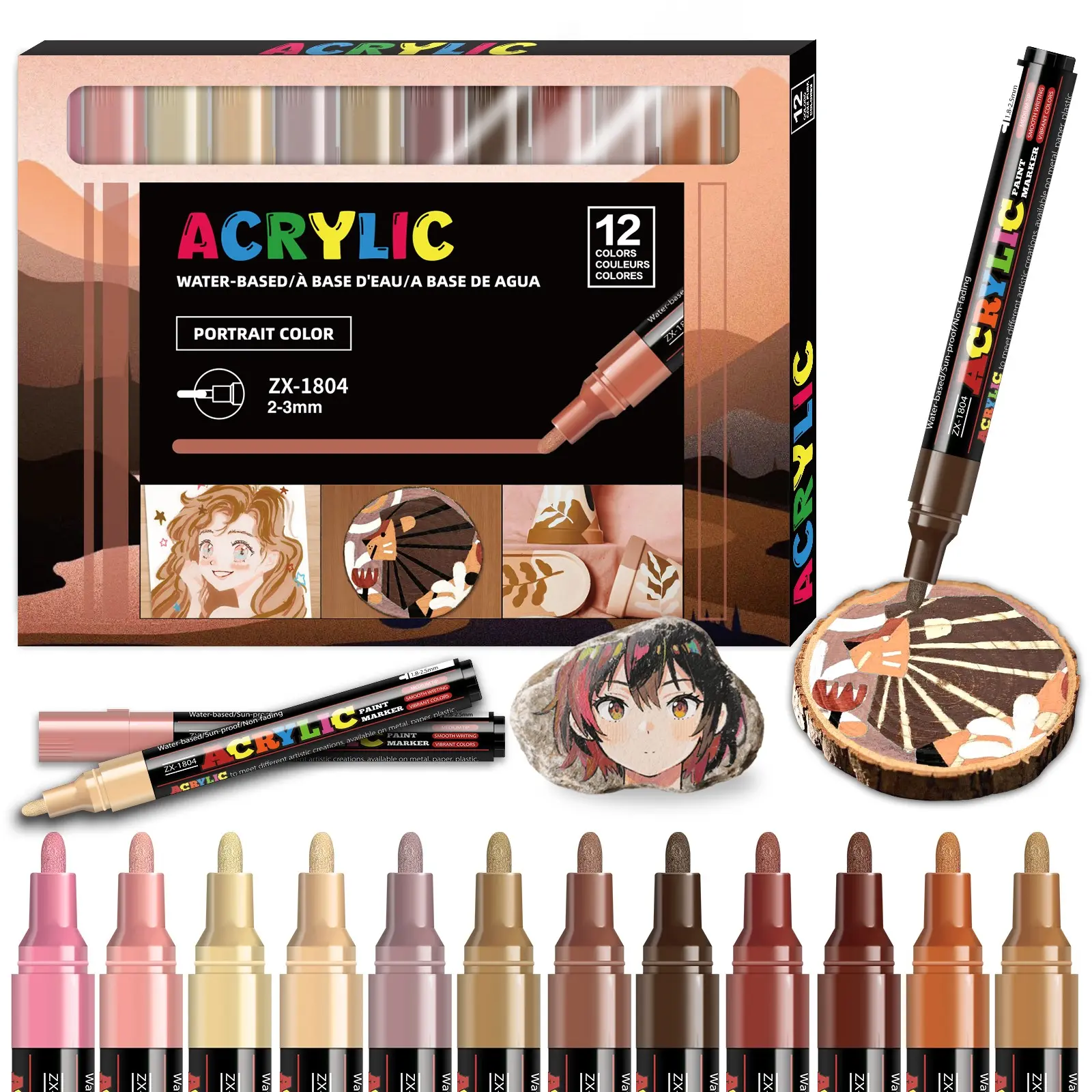 12 Color Vibrant Marker Pen Set, Non-Bleed Quick-Dry Pens, Medium Tip (2-3mm), Ideal for Rock Painting, Paper, Skateboard Decor, Wood, Plastic, Canvas