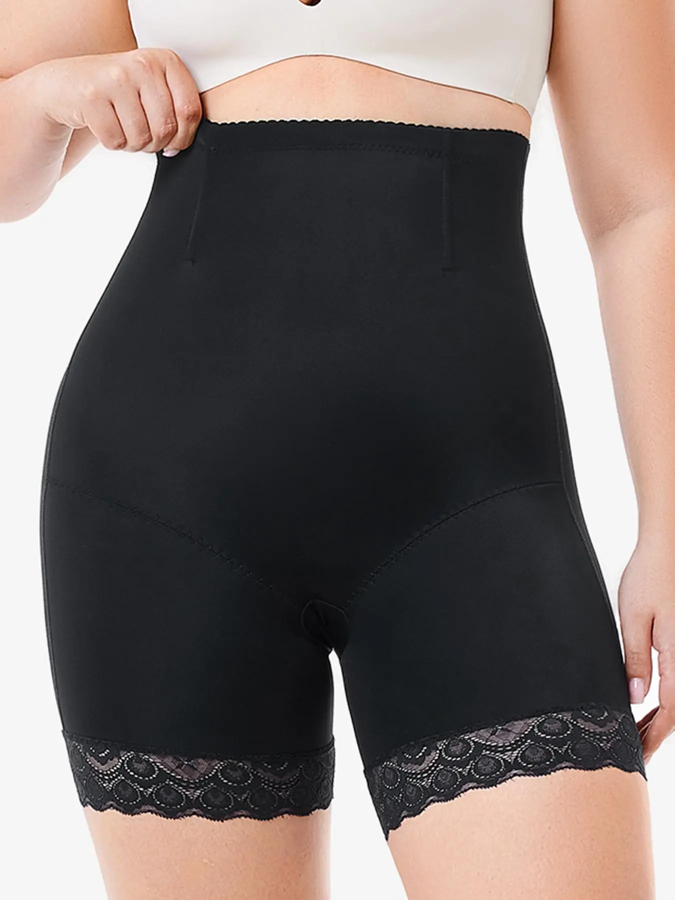 Women's High Waist Contrast Lace Solid Shapewear Panty, Scallop Trim Tummy Control Pshapewear Bottoms, High Stretch Seamless Jersey Body Shaper with 4 Steel Bones Design