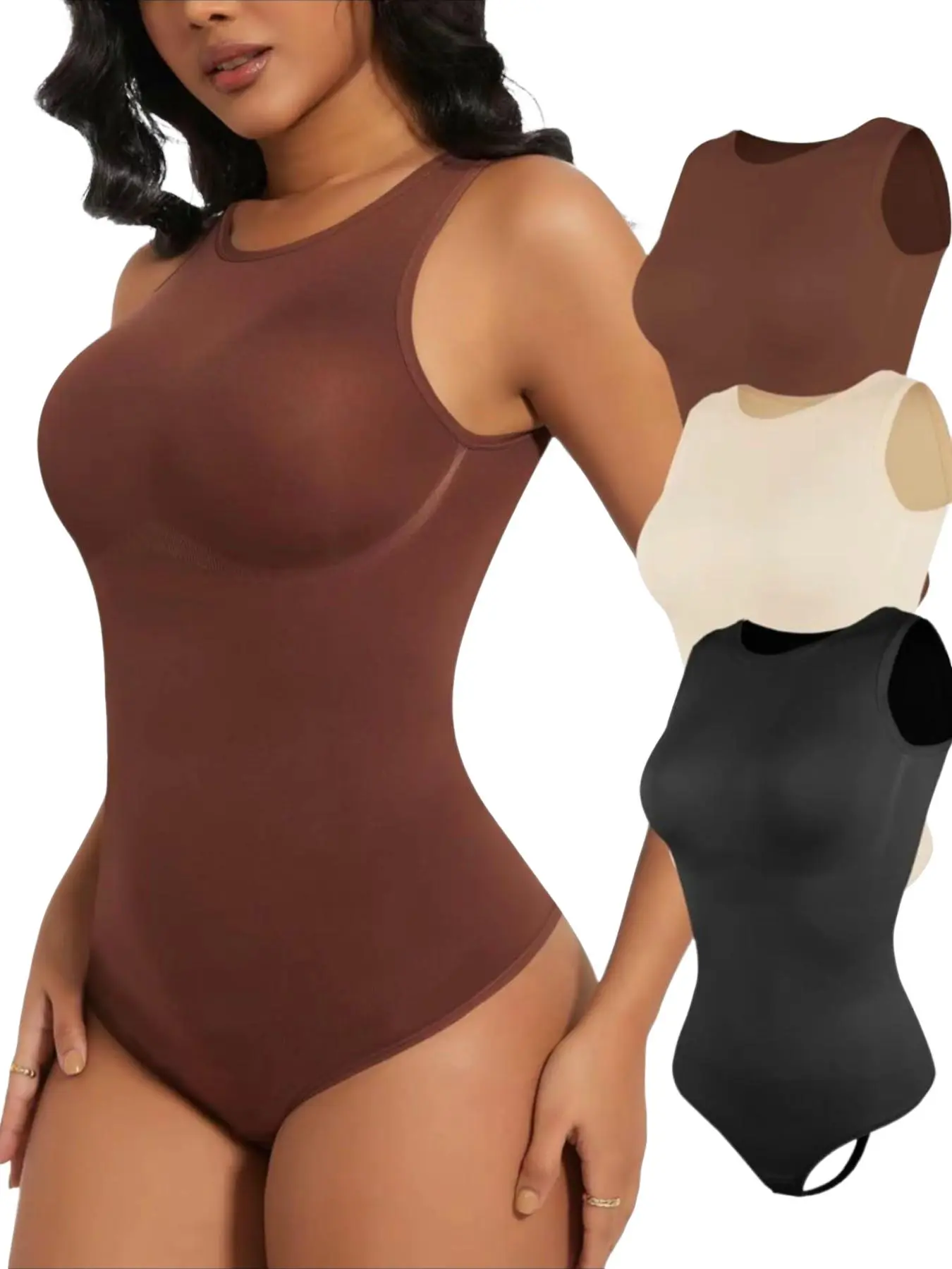 Women High Neck Sleeveless Racerback Thong Bodysuit, Seamless Tummy Control Body Shaper, Casual Y Type Romper, All Seasons