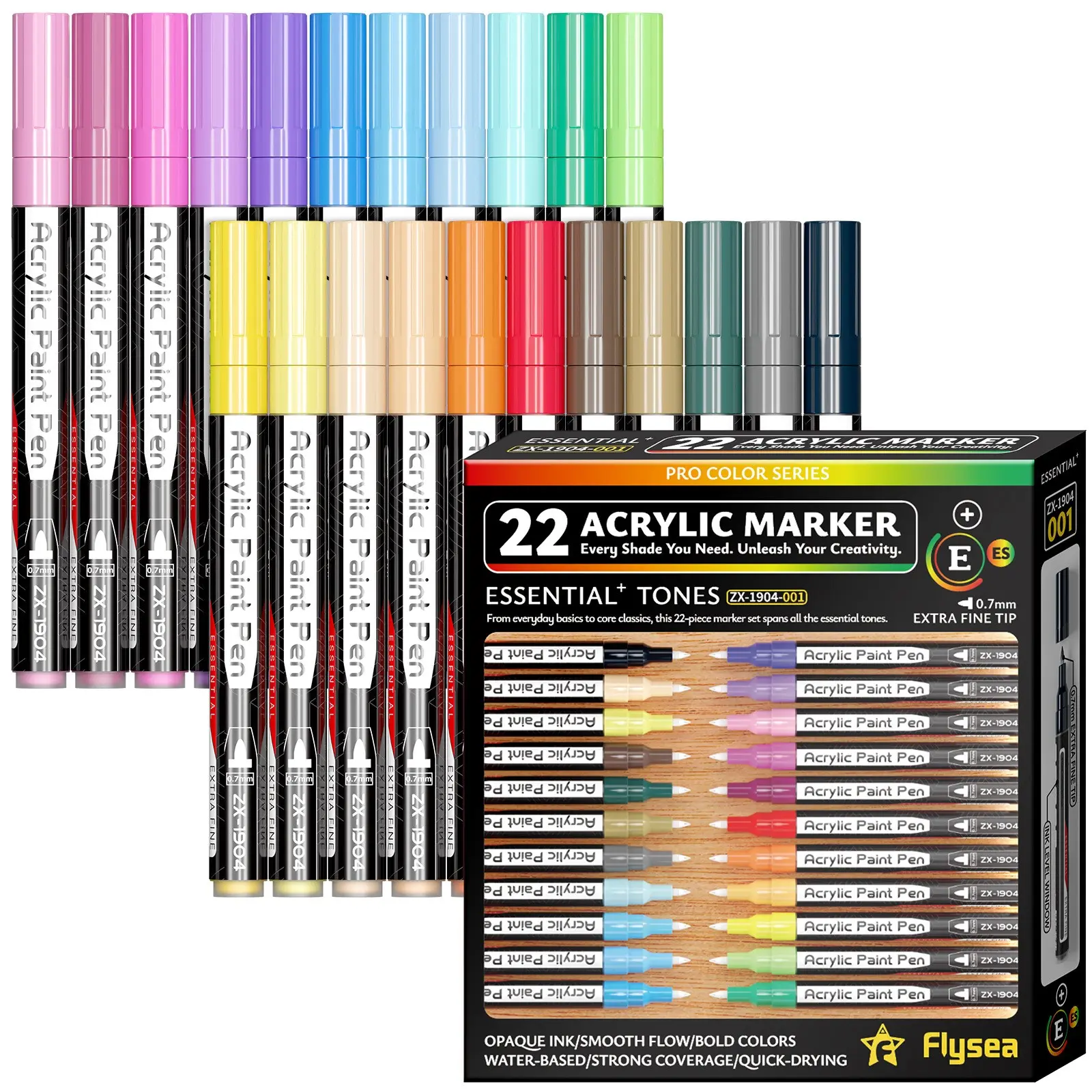Flysea Zx-1904 22 Colors 0.7mm Acrylic Paint Marker Set, No Bleed No Smudge, Layerable Art Pens, Vibrant Shades for Students, Graffiti, DIY Crafts, Coloring Markers