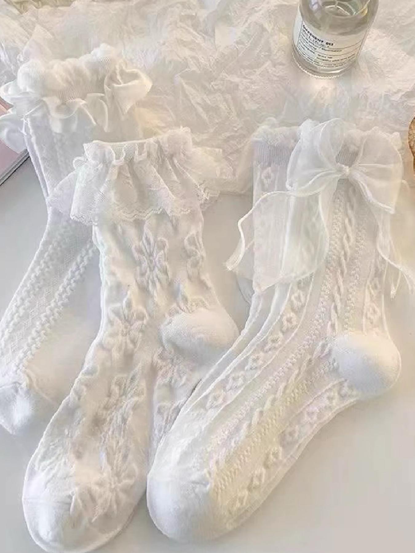 6 Pairs of Cute and Simple Women's Lolita Lace Bow Mid-Calf Socks, Comfortable Breathable Design for Everyday Wear, Lace Crew Socks, Floral Lace Socks