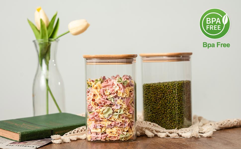 Glass Food Storage Jars 37 oz Set of 6,Glass Storage Containers Clear Glass Food Canister with Bamboo Lid Airtight For Serving Tea, Coffee, Flour, Sugar, Candy, Cookie, Spice and More (Square)