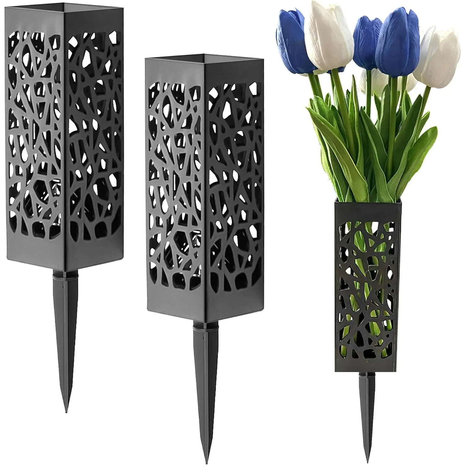 2 Sets Memorial Flower Holder for Cemetery Square Vases with Spikes | Black, Plastic, Grave Yard Decorations,Gravestone, Garden Ground Outdoor Marker Decor Supplies