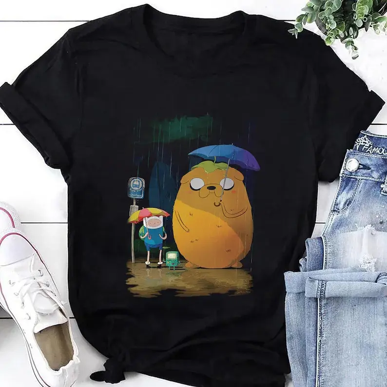 Adventure Time Spirited Away In The Rain T-Shirt, Adventure Time Shirt Fan Gifts, My Neighbor Totoro Shirt, Finn And Jake Shirt, Cartoon Tee