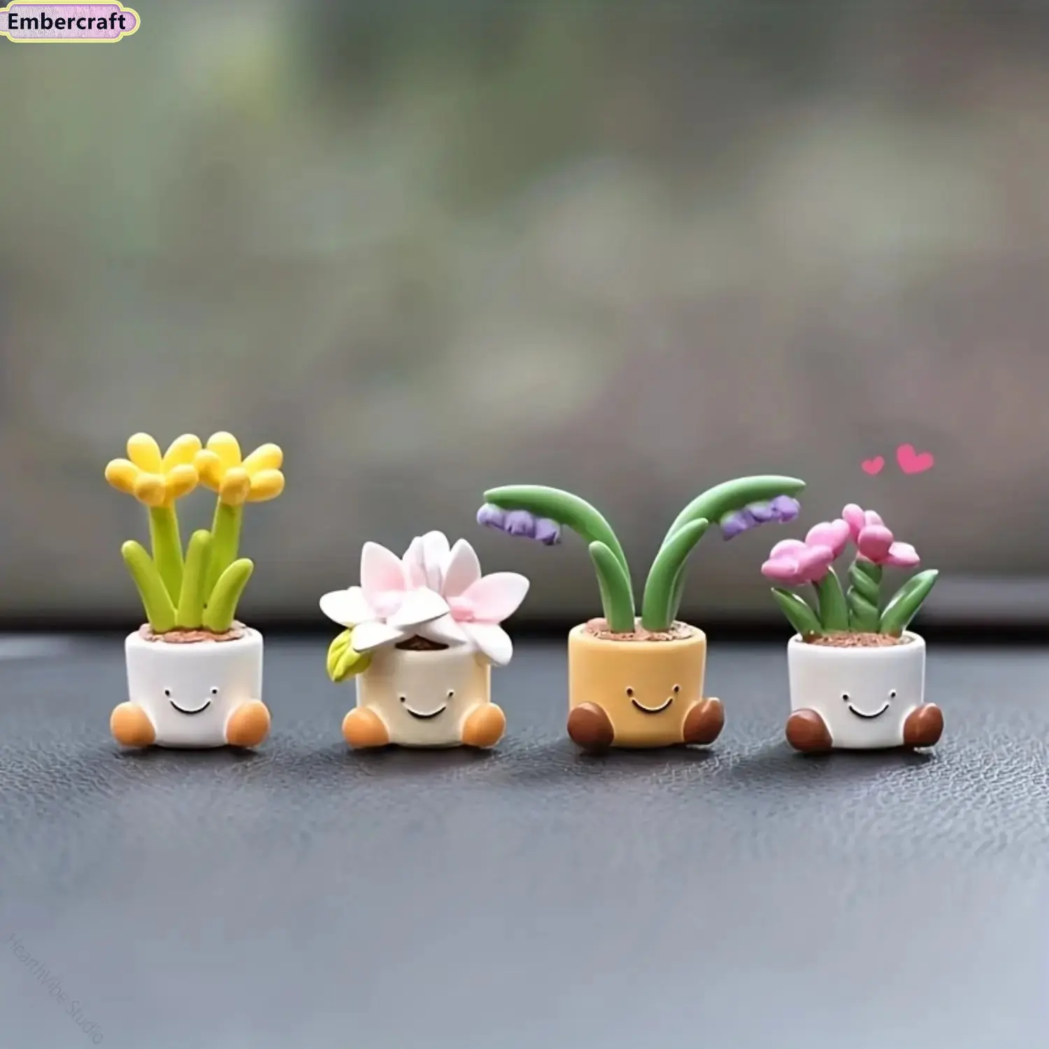 4PCS Cute Car Dashboard Decor Set, Mini Potted Flower Ornaments for Car Interior, Aesthetic Dashboard Accessories, Small Plant Decorations for Auto, Office Desk, Vehicle Styling and Gift for Car Lovers