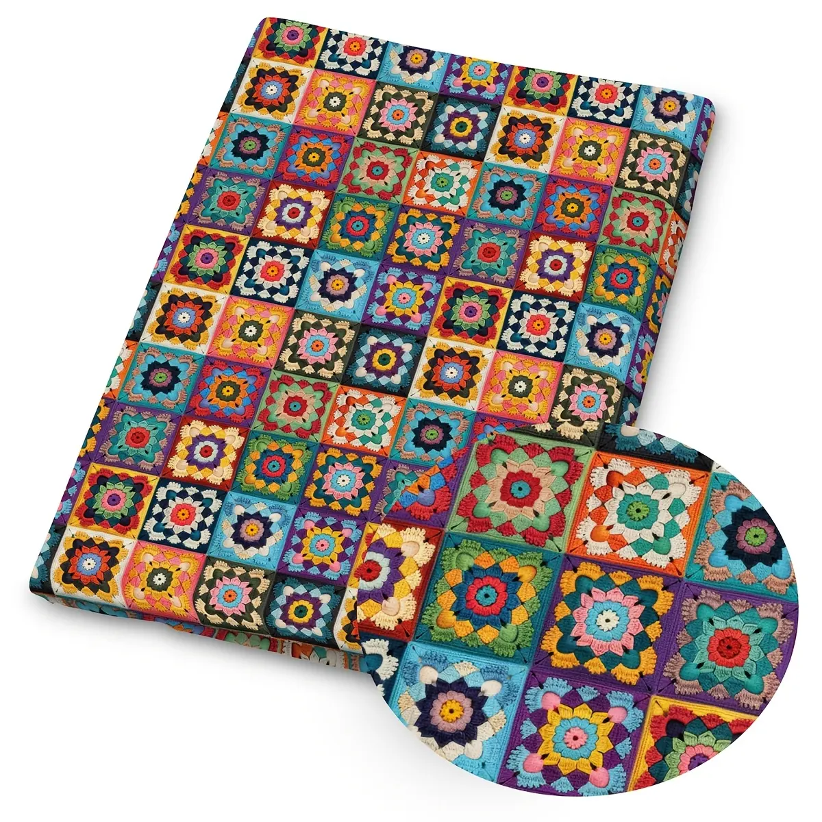 1pc Granny Square Print Fabric - 59 X 19.68 Inches (150 X 50 Cm) Pre-Cut Polyester Fabric with Spring Cottagecore Design - Suitable for Sewing, Scrapbooking, Tablecloths, Home Decor And Crafts