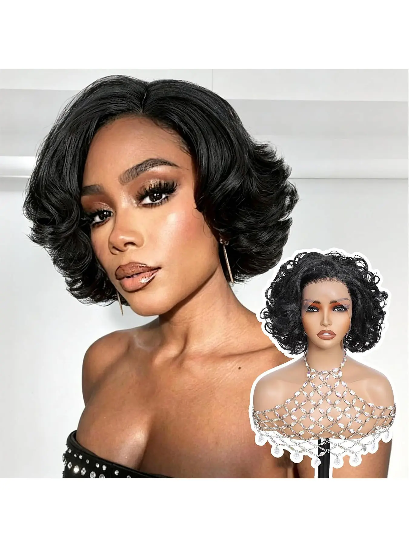 [Super Deal] Short Bob Wig Loose Body Wave Synthetic 13x4 Lace Front Wigs Heat-Resistant Hair 200% Density 13x4 HD Transparent Lace Front Wigs Pre Plucked Hairline Suitable To Wear On Daily Or Holiday Occasions Wig