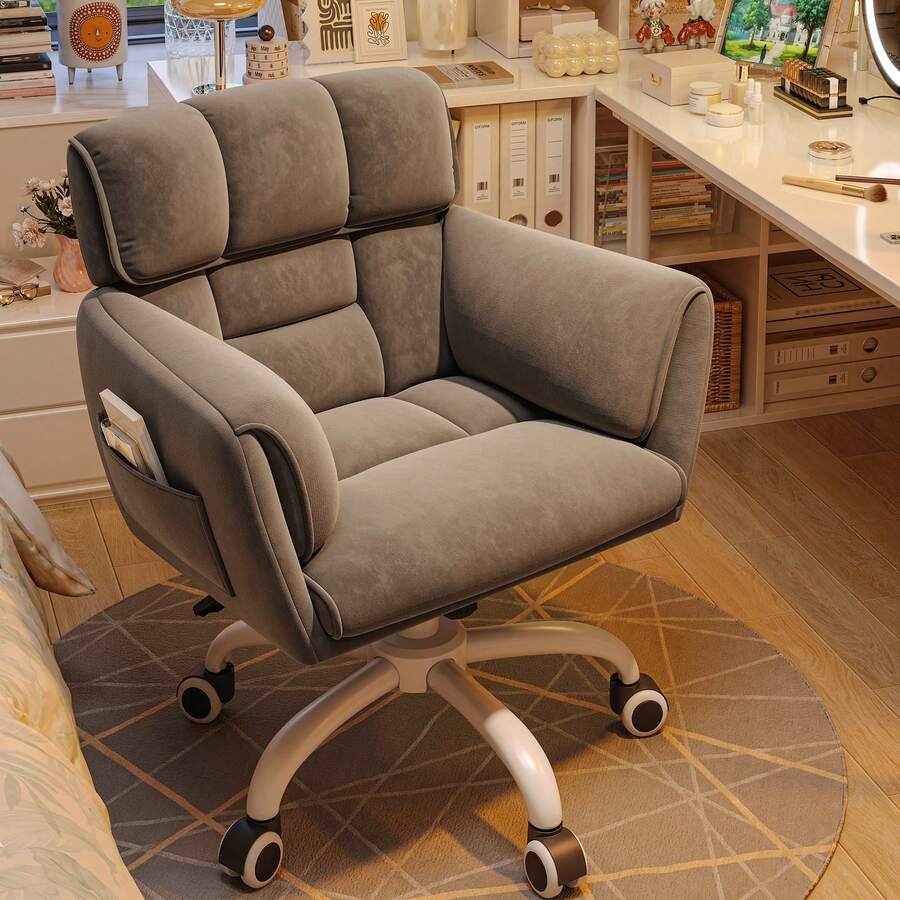White Modern Home Office Desk Chair with Wheels, Adjustable Height, Side Pockets & Soft Upholstered, Vanity Chair with Backrest & Armrests for Bedroom