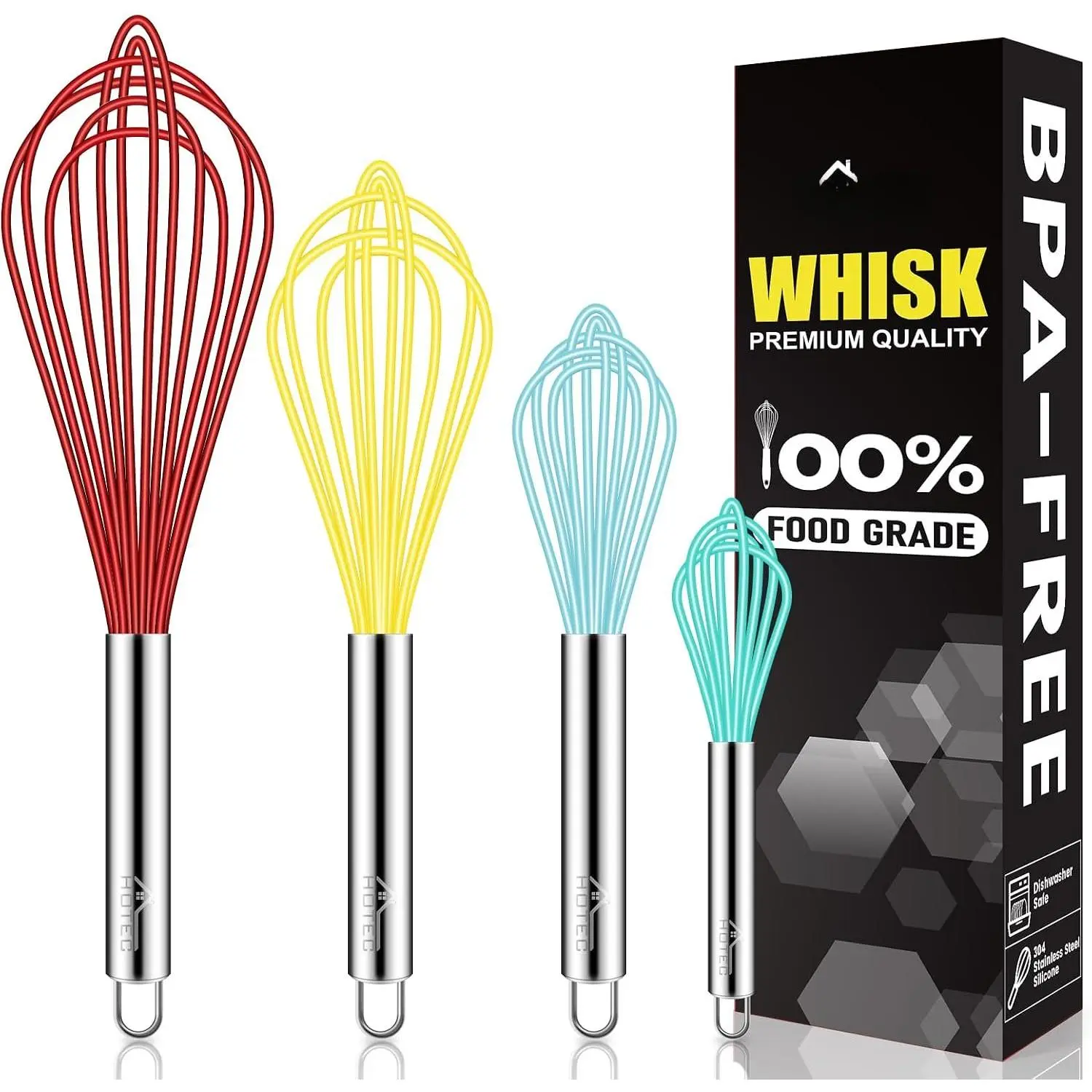 4 count  Whisks Set, Wire Balloon Whisks for cooking Egg Beater, Non-slip Handle Whisk for Non-stick Cookware  for Cooking, Stirring, Beating and Blending (Multicolor)