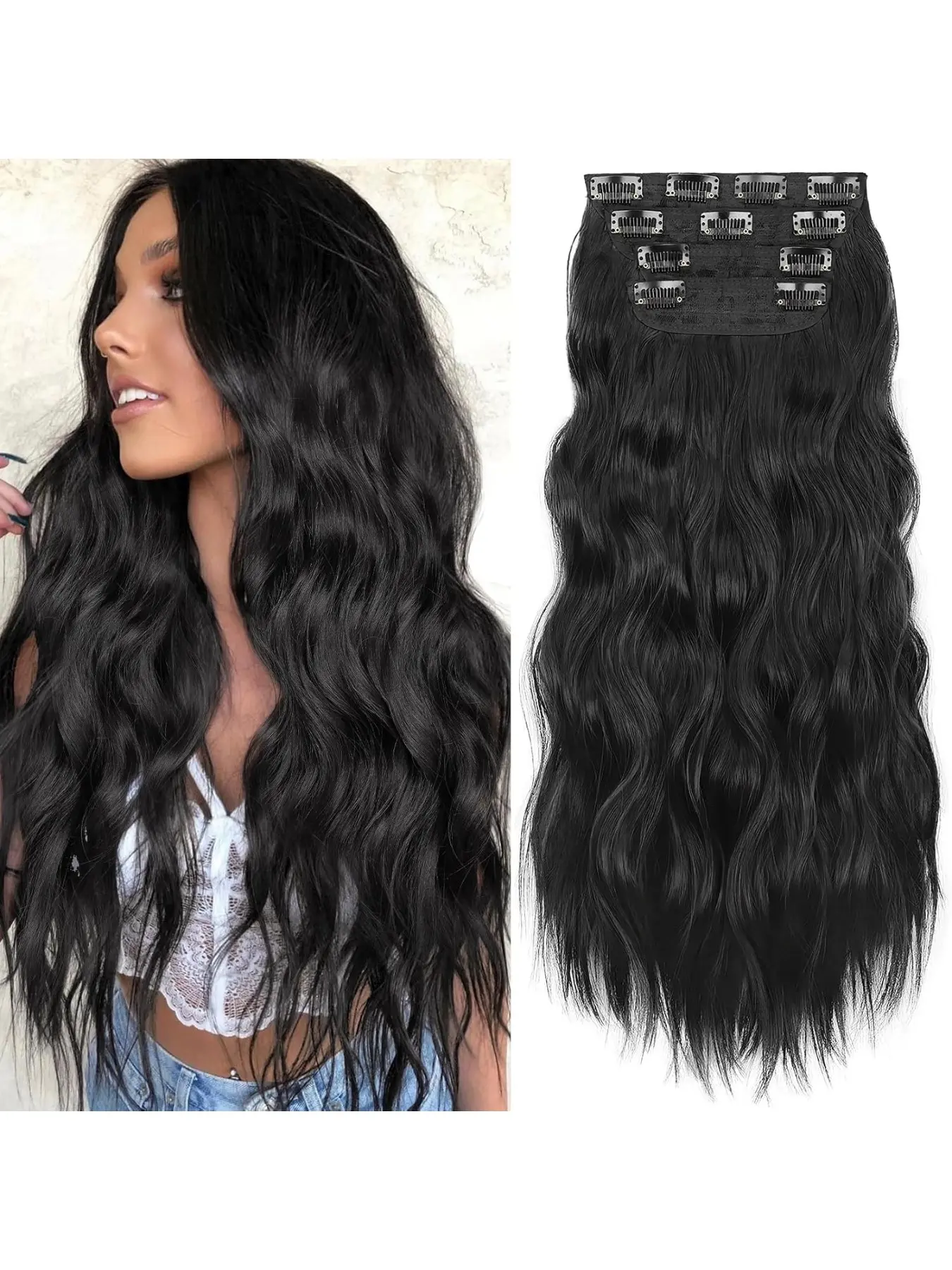 4 Pcs Long Wavy Premium Synthetic Hair Clips, Thick Double Layer Hair Extensions, 24 Inch Natural Hair Pieces for Women